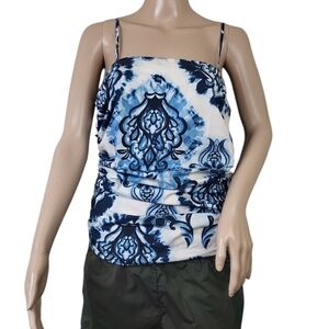 Zara Paisley Floral Gathered Sleeveless Top Blue White